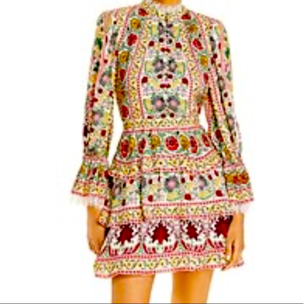 Alice + Olivia Lawson Floral Tiered Dress Green and Cream Mock Neck Dress Sz L - Picture 3 of 16